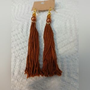 NWT Handcrafted Elegant Dark Amber and Glass Bead Tassel Earrings